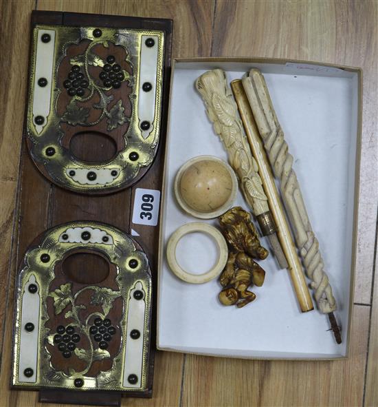 A Victorian bookslide and five various pieces of ivory